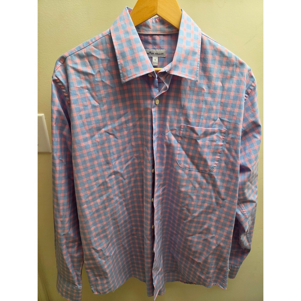 Peter Millar Mens Large Gingham Button Down Shirt Pink Blue Cotton Stretch L